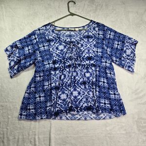 Chico's Women's Size 2 Blouse Sheer Top Boho Blue White Lace Up Peasant Top
